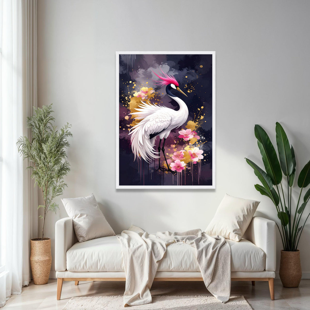 Elegant Pink Crested Crane Canvas, Floral Bird Wall Art, Modern Nature Painting, Japanese Style Home Decor, Gift Art, Home Decor, Print