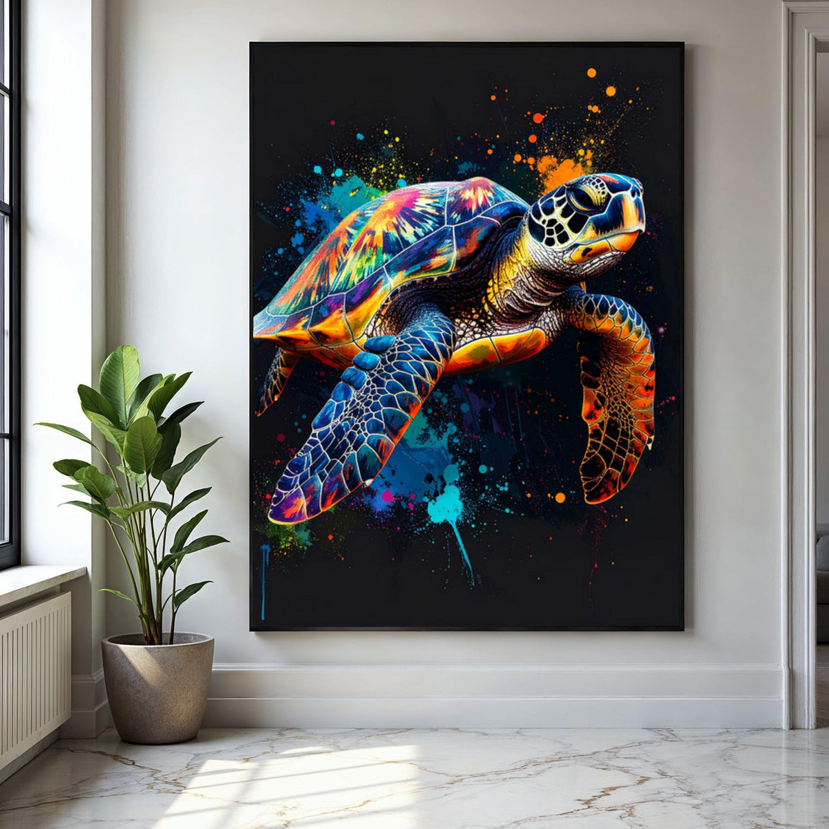 Vibrant Sea Turtle Canvas Wall Art, Colorful Ocean Animal Painting, Modern Marine Life Decor, Abstract Splash Gift Art, Home Decor, Print