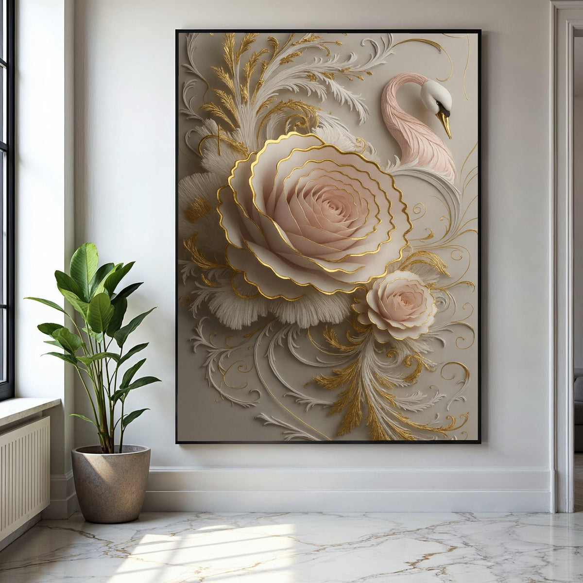 Elegant Pink Rose and Swan Canvas, Gold Embossed Floral Wall Art, 3D Embellished Nature Canvas, Luxury Home Gift Art, Home Decor, Print