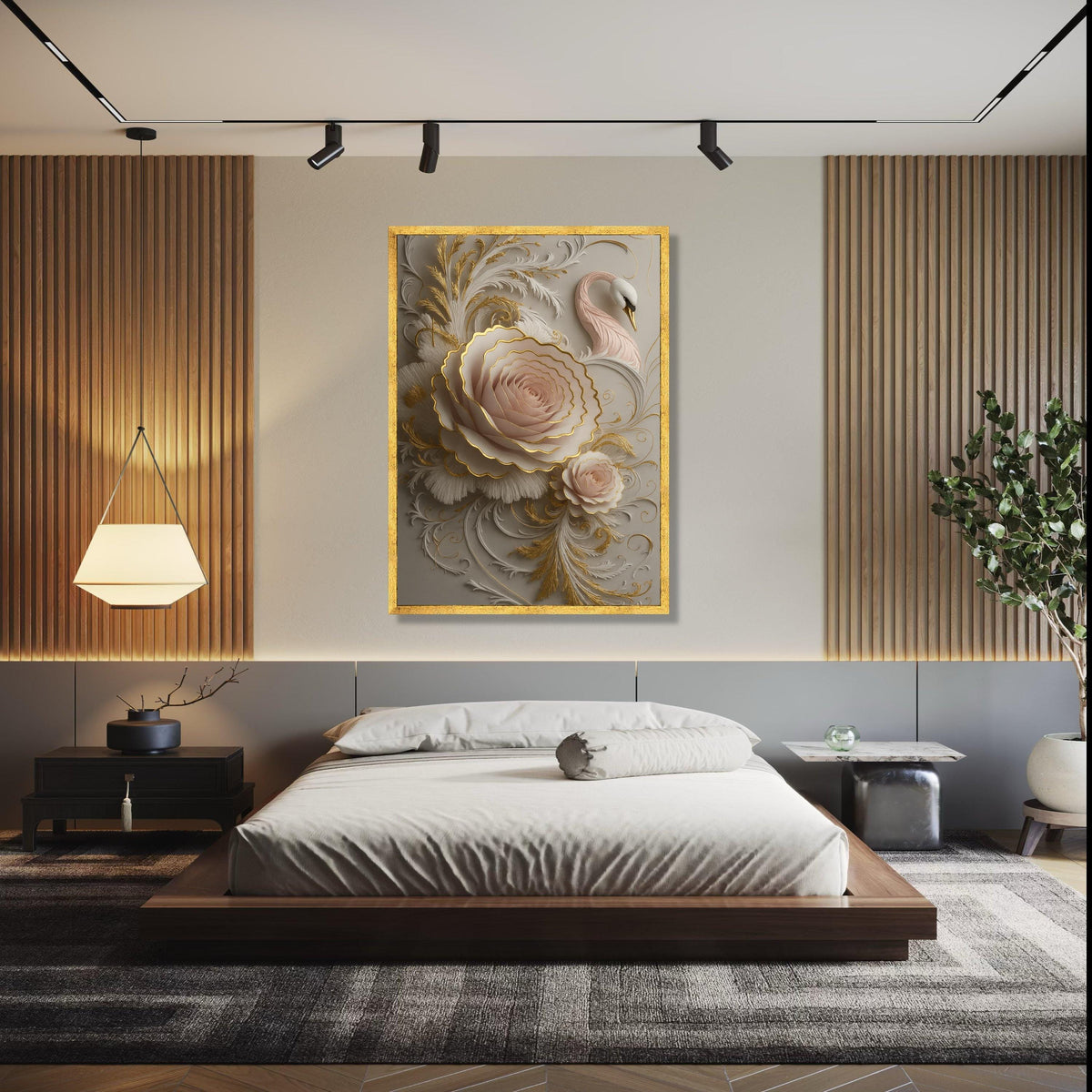 Elegant Pink Rose and Swan Canvas, Gold Embossed Floral Wall Art, 3D Embellished Nature Canvas, Luxury Home Gift Art, Home Decor, Print