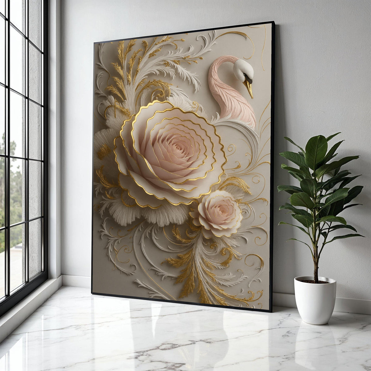 Elegant Pink Rose and Swan Canvas, Gold Embossed Floral Wall Art, 3D Embellished Nature Canvas, Luxury Home Gift Art, Home Decor, Print