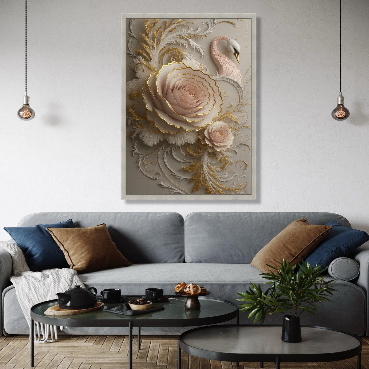Elegant Pink Rose and Swan Canvas, Gold Embossed Floral Wall Art, 3D Embellished Nature Canvas, Luxury Home Gift Art, Home Decor, Print