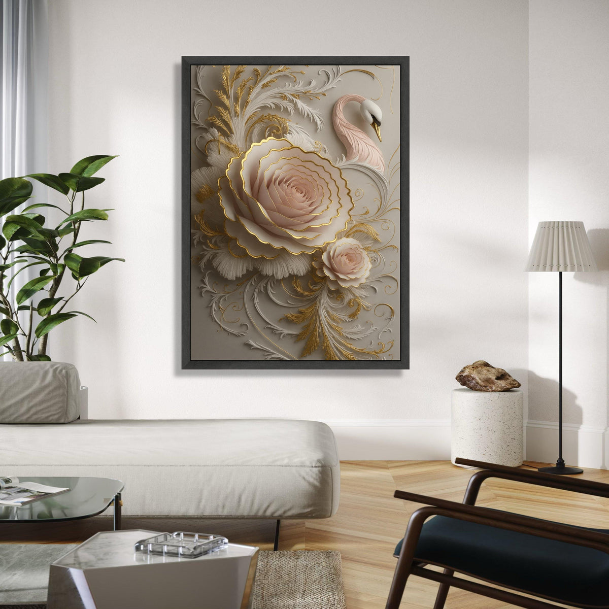 Elegant Pink Rose and Swan Canvas, Gold Embossed Floral Wall Art, 3D Embellished Nature Canvas, Luxury Home Gift Art, Home Decor, Print