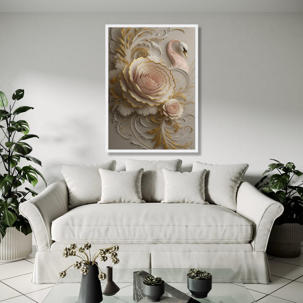 Elegant Pink Rose and Swan Canvas, Gold Embossed Floral Wall Art, 3D Embellished Nature Canvas, Luxury Home Gift Art, Home Decor, Print