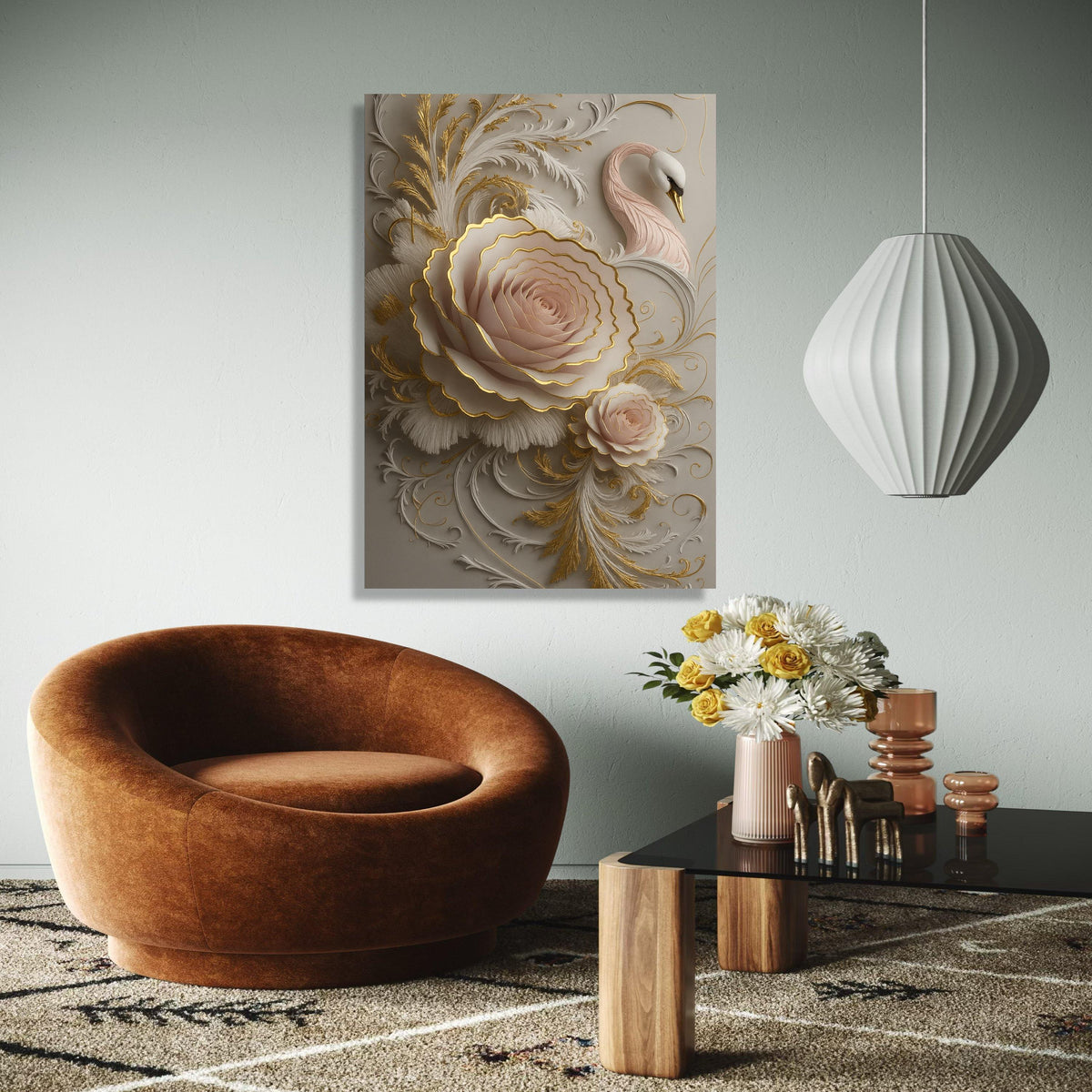 Elegant Pink Rose and Swan Canvas, Gold Embossed Floral Wall Art, 3D Embellished Nature Canvas, Luxury Home Gift Art, Home Decor, Print