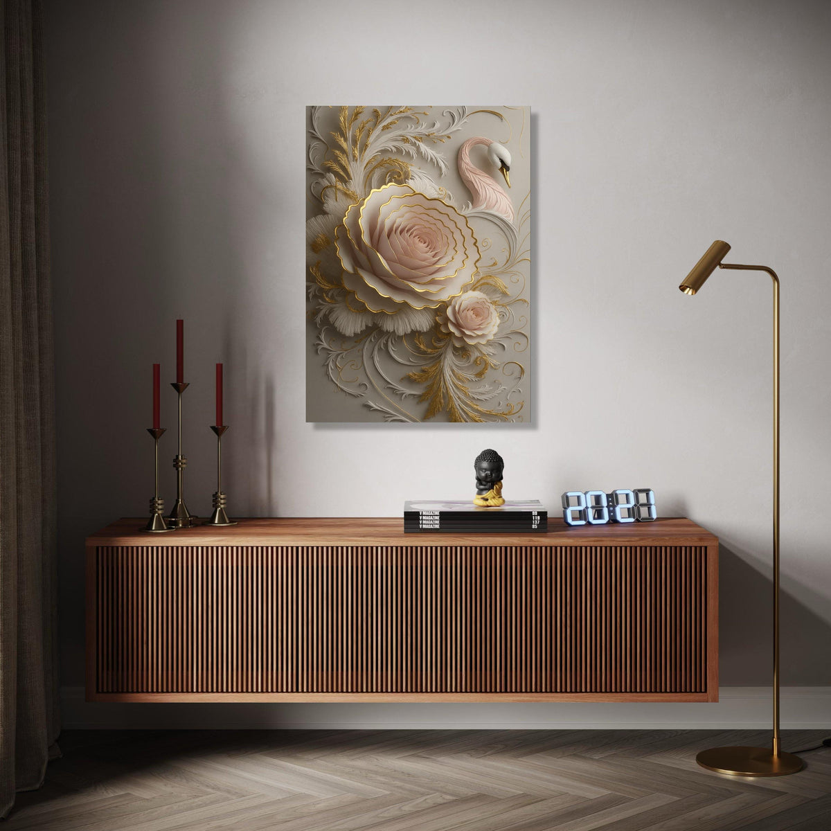 Elegant Pink Rose and Swan Canvas, Gold Embossed Floral Wall Art, 3D Embellished Nature Canvas, Luxury Home Gift Art, Home Decor, Print