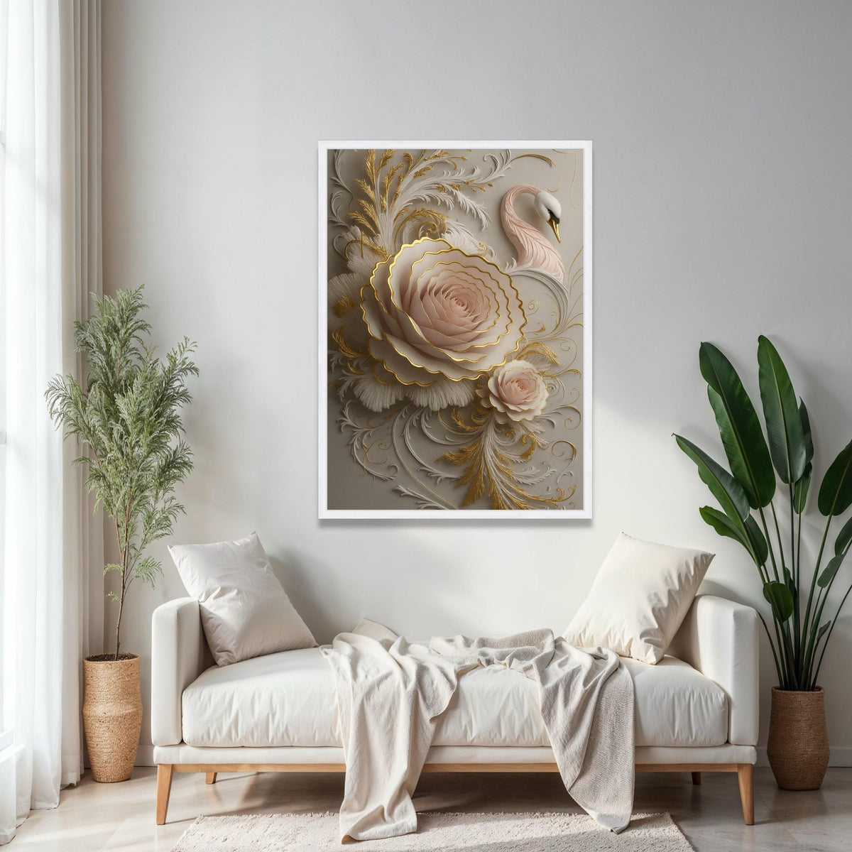 Elegant Pink Rose and Swan Canvas, Gold Embossed Floral Wall Art, 3D Embellished Nature Canvas, Luxury Home Gift Art, Home Decor, Print
