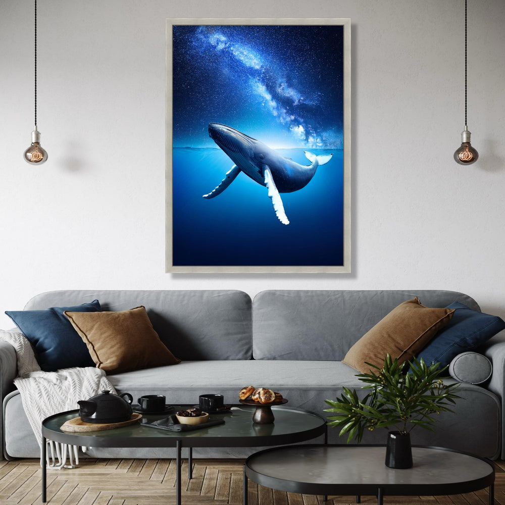 Majestic Blue Whale Ocean Canvas, Underwater Sea Life Art, Starry Night Sky Wall Decor, Marine Wildlife Canvas Gift Art, Home Decor, Print