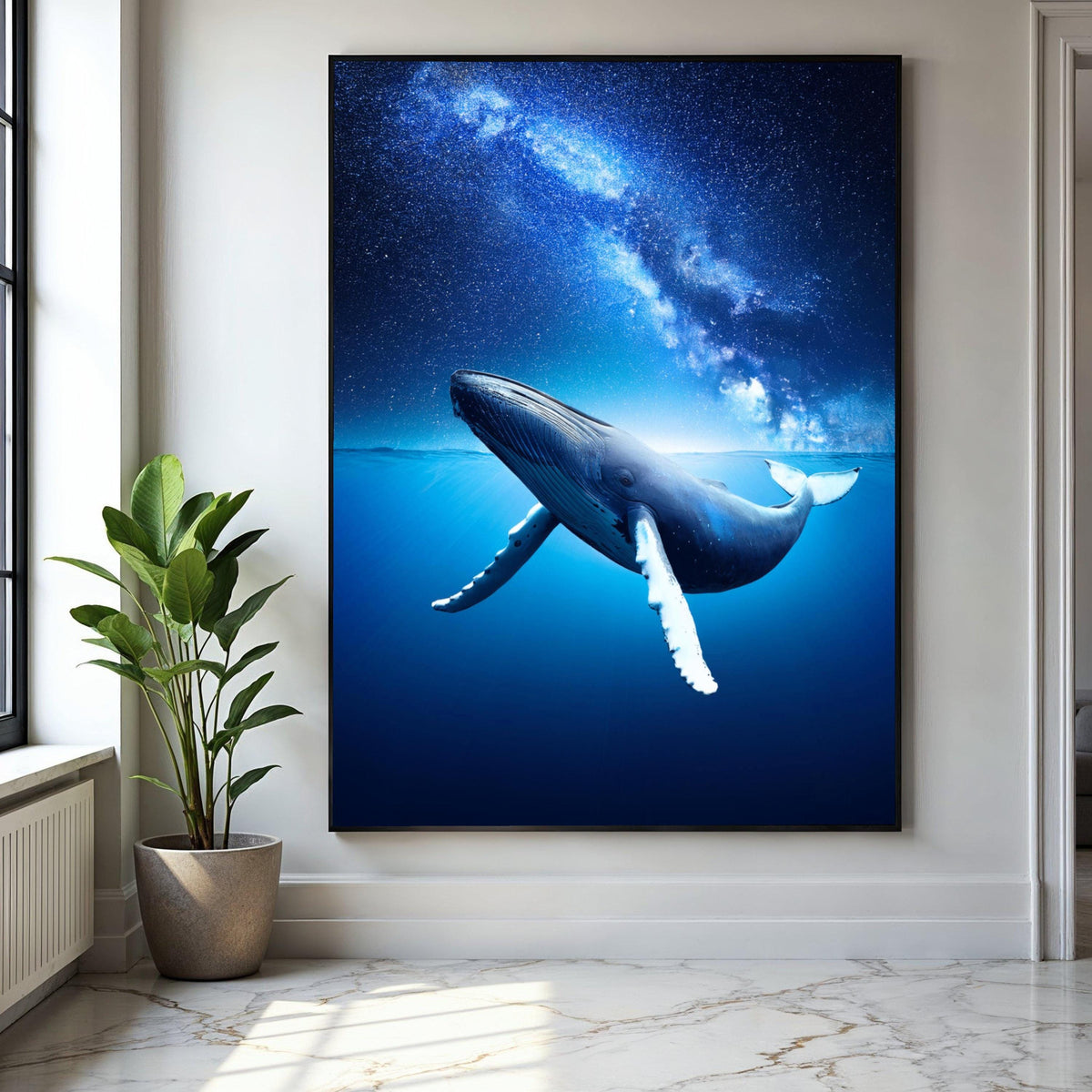 Majestic Blue Whale Ocean Canvas, Underwater Sea Life Art, Starry Night Sky Wall Decor, Marine Wildlife Canvas Gift Art, Home Decor, Print