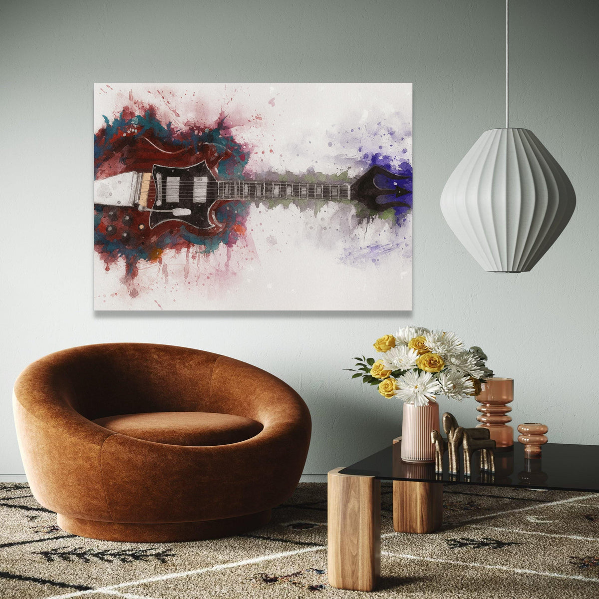 Electric Guitar Watercolor Art, Rock Music Canvas, Abstract Instrument Painting, Modern Wall Decor, Colorful Gift Art, Home Decor, Print