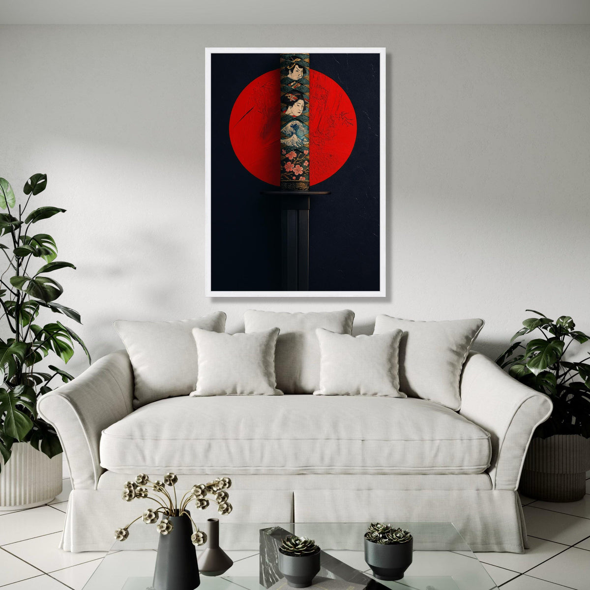Japanese Katana Sword Canvas Wall Art, Samurai Blade with Traditional Artwork, Red Sun Background, Asian Gift Art, Home Decor, Print