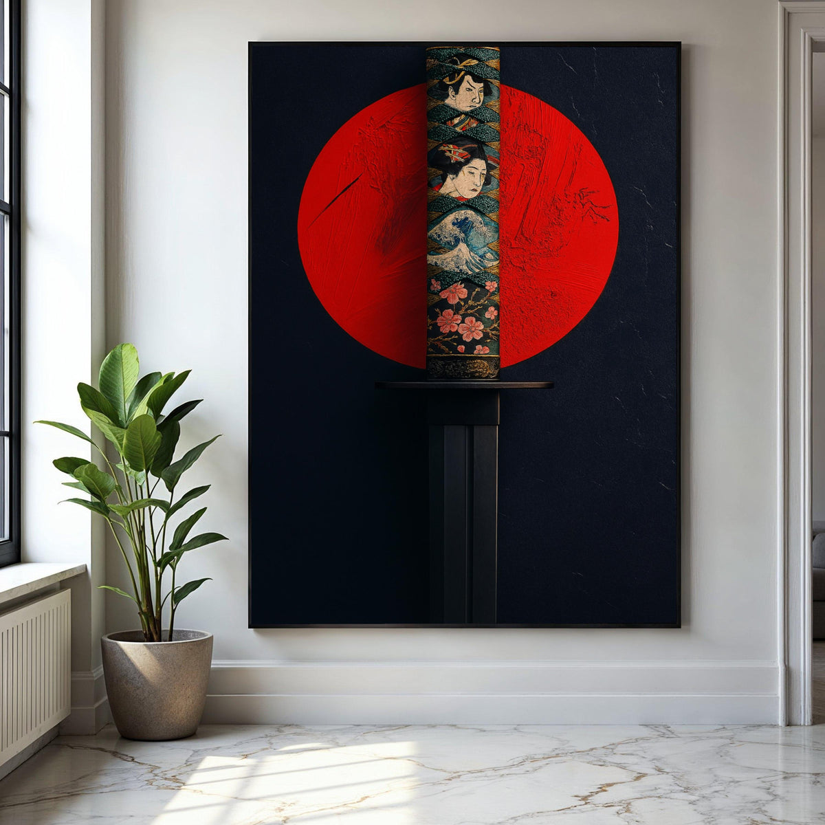 Japanese Katana Sword Canvas Wall Art, Samurai Blade with Traditional Artwork, Red Sun Background, Asian Gift Art, Home Decor, Print