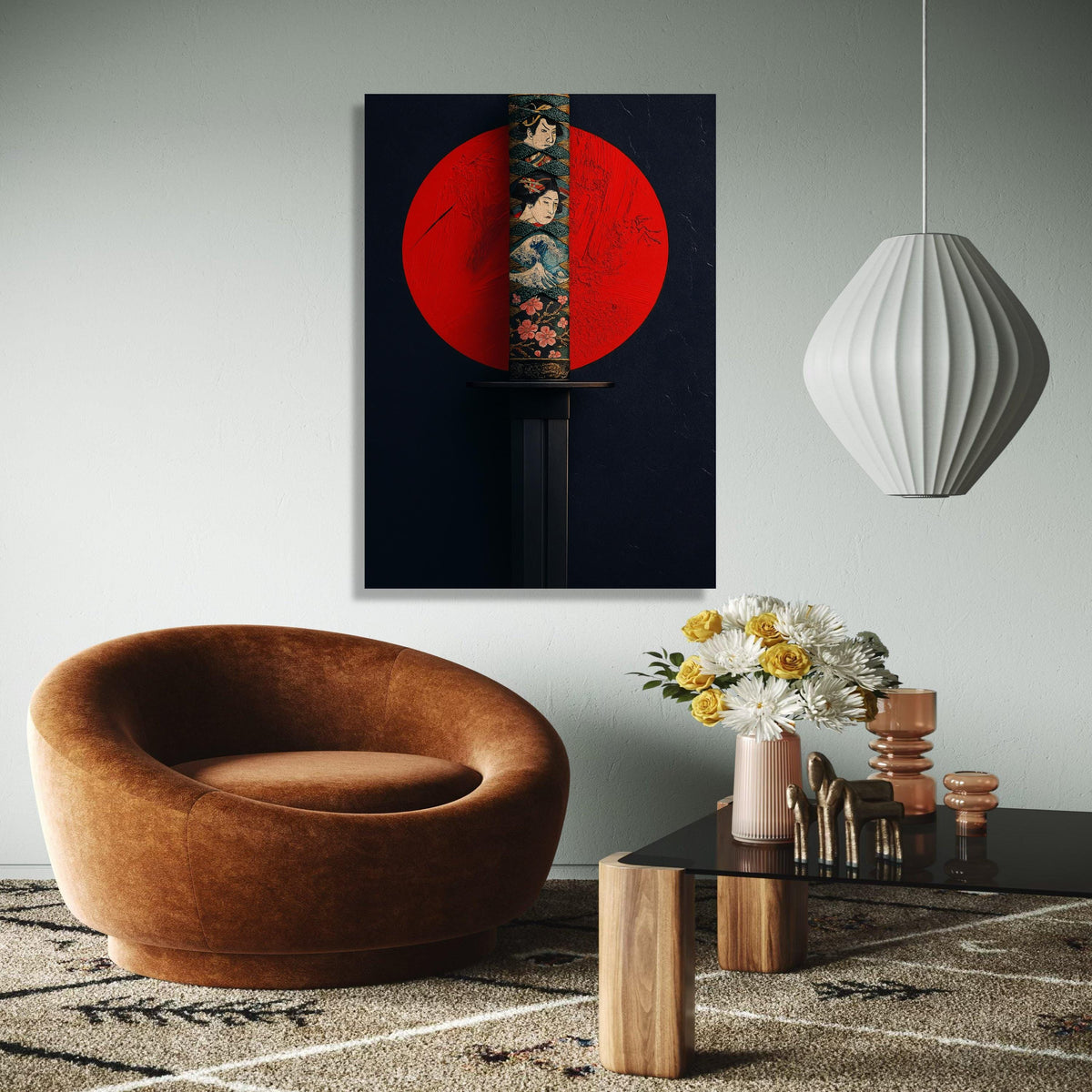 Japanese Katana Sword Canvas Wall Art, Samurai Blade with Traditional Artwork, Red Sun Background, Asian Gift Art, Home Decor, Print