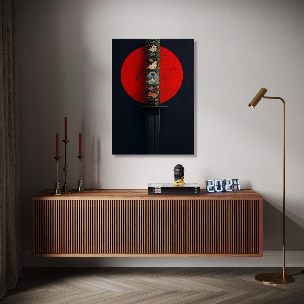 Japanese Katana Sword Canvas Wall Art, Samurai Blade with Traditional Artwork, Red Sun Background, Asian Gift Art, Home Decor, Print