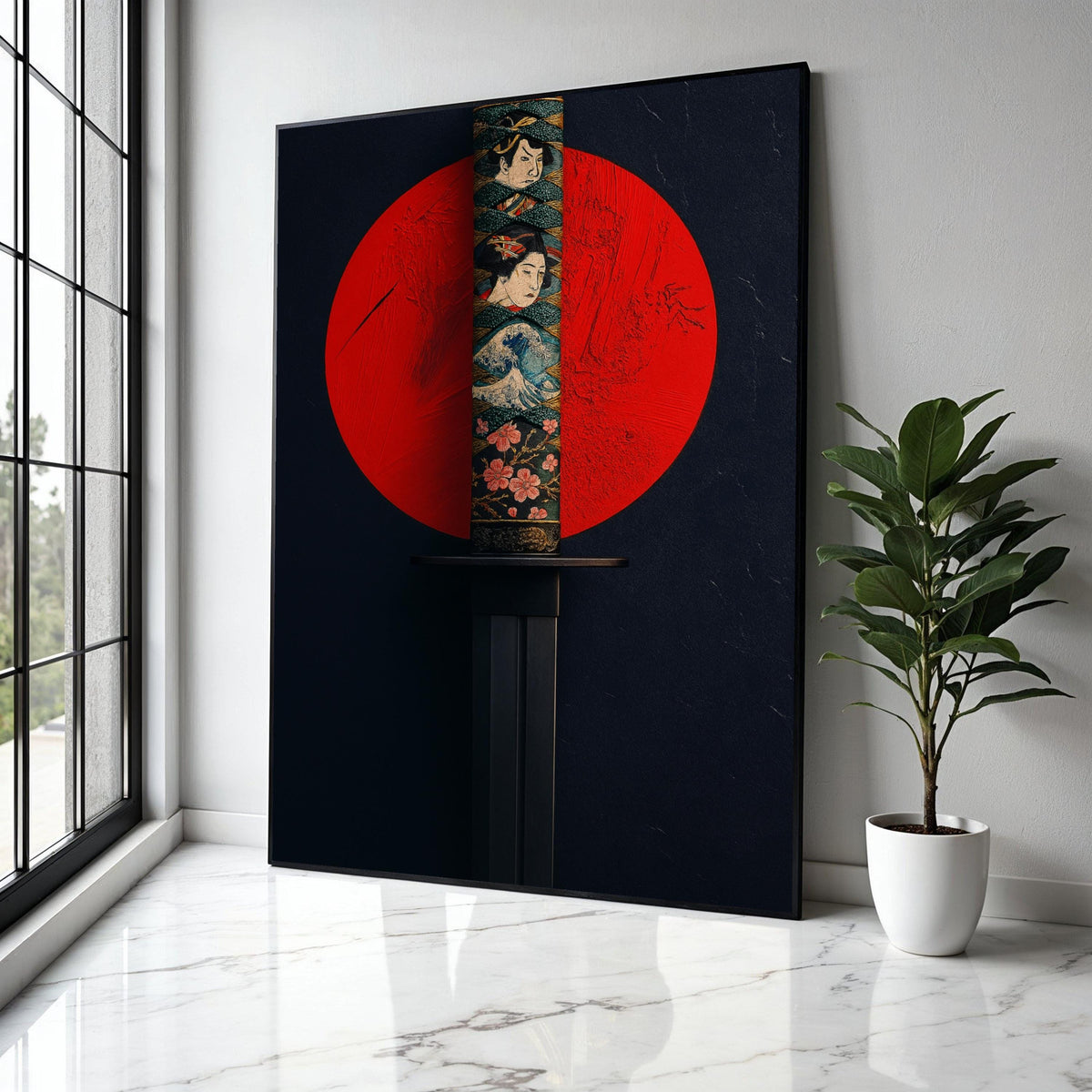 Japanese Katana Sword Canvas Wall Art, Samurai Blade with Traditional Artwork, Red Sun Background, Asian Gift Art, Home Decor, Print