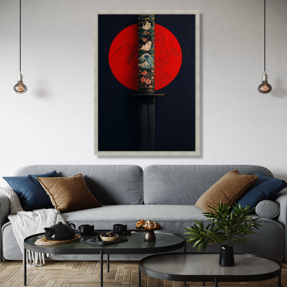Japanese Katana Sword Canvas Wall Art, Samurai Blade with Traditional Artwork, Red Sun Background, Asian Gift Art, Home Decor, Print