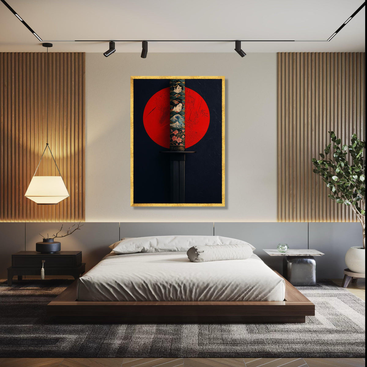 Japanese Katana Sword Canvas Wall Art, Samurai Blade with Traditional Artwork, Red Sun Background, Asian Gift Art, Home Decor, Print