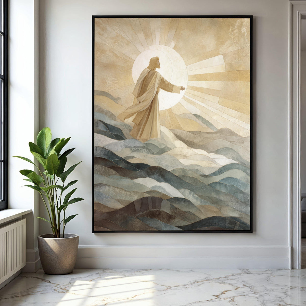 Inspirational Jesus Figure Canvas, Religious Wall Art, Spiritual Sun Rays Canvas, Sacred Home Decoration, Gift Art, Home Decor, Print