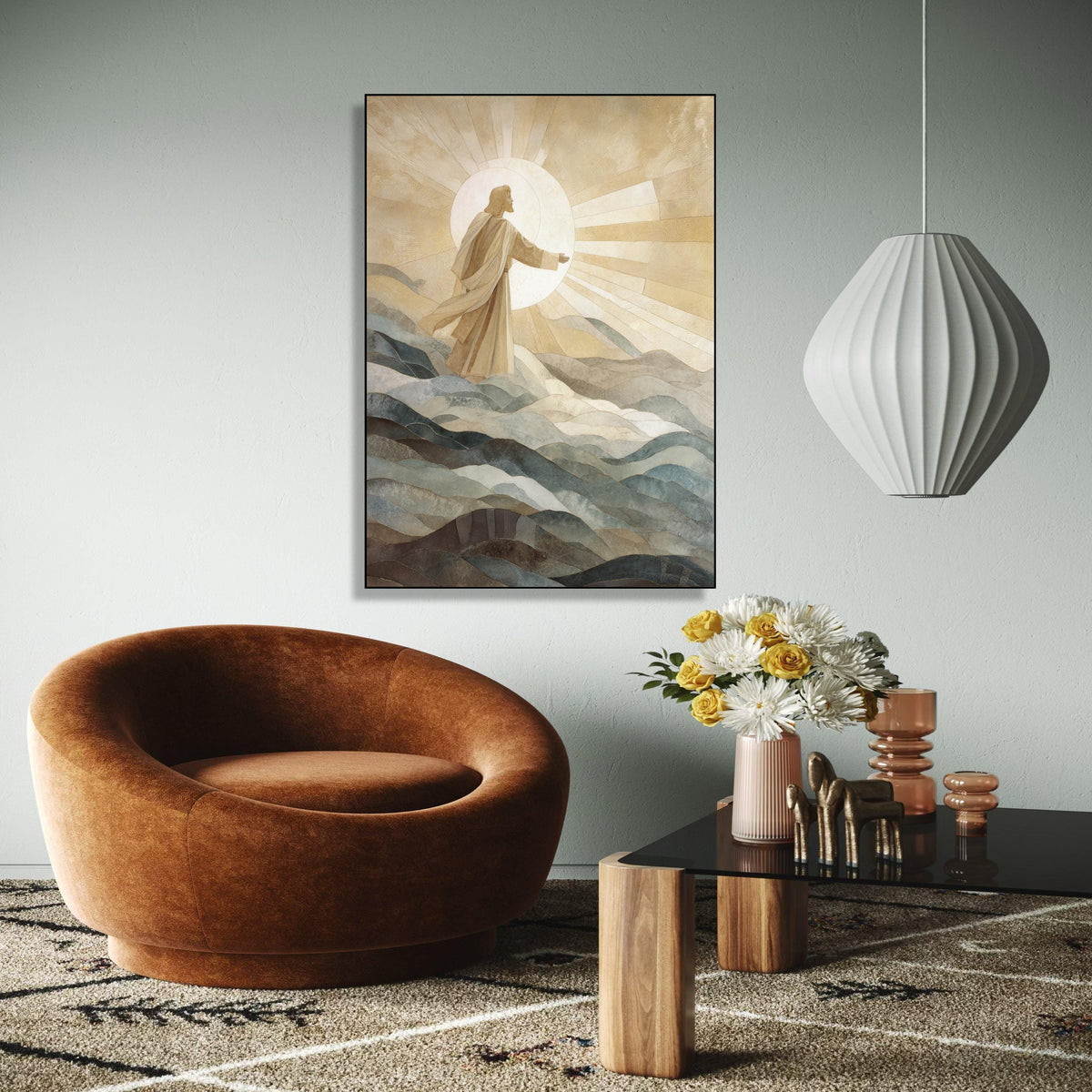 Inspirational Jesus Figure Canvas, Religious Wall Art, Spiritual Sun Rays Canvas, Sacred Home Decoration, Gift Art, Home Decor, Print