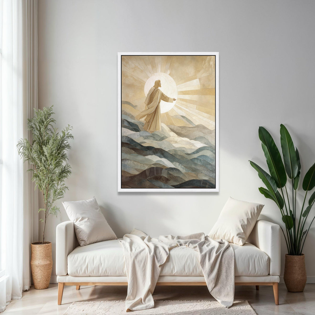 Inspirational Jesus Figure Canvas, Religious Wall Art, Spiritual Sun Rays Canvas, Sacred Home Decoration, Gift Art, Home Decor, Print