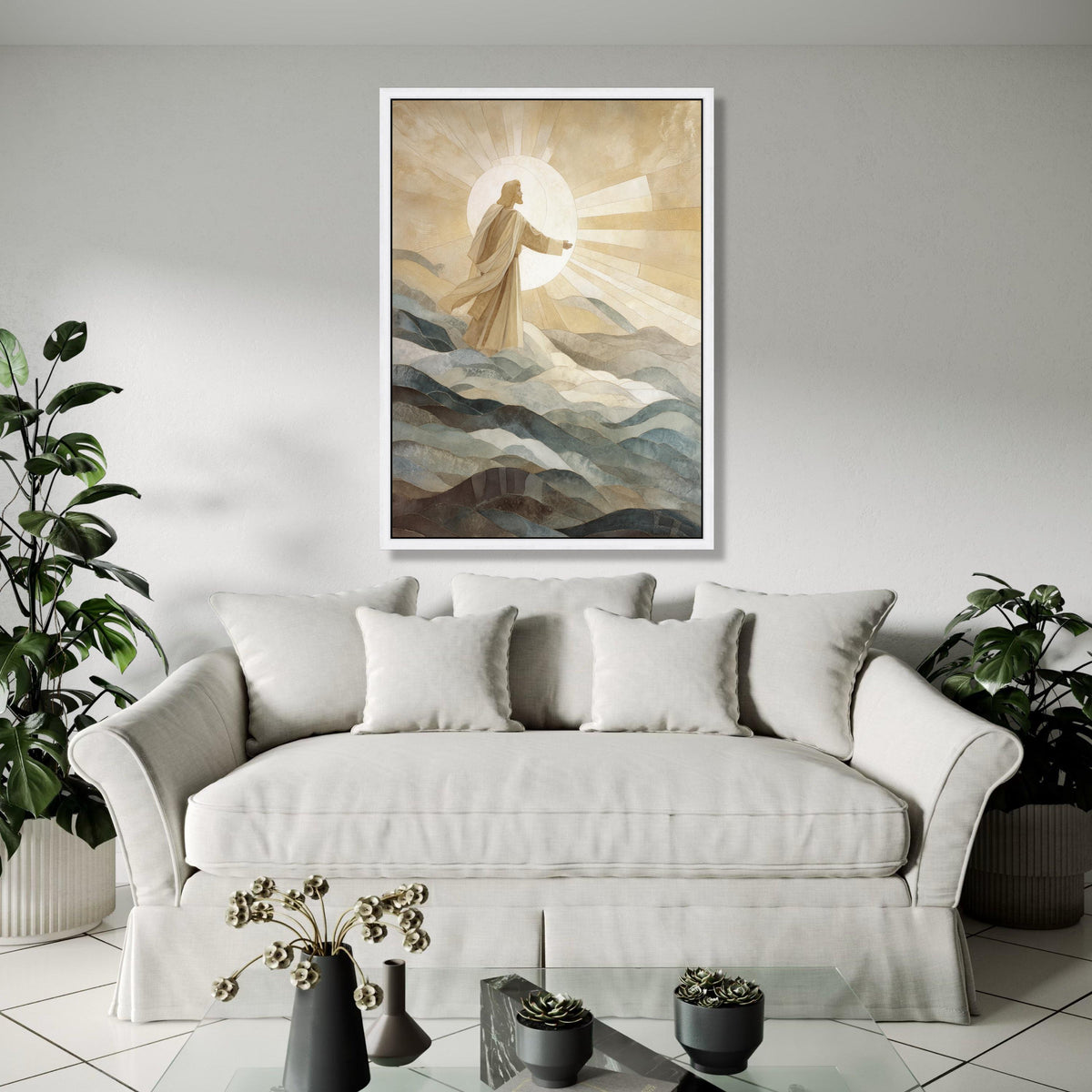Inspirational Jesus Figure Canvas, Religious Wall Art, Spiritual Sun Rays Canvas, Sacred Home Decoration, Gift Art, Home Decor, Print