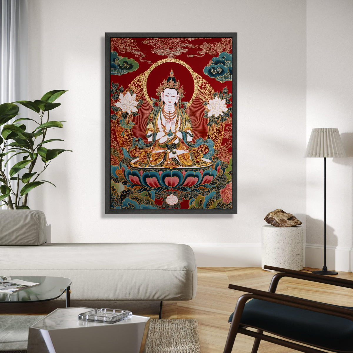 Meditative Buddha Canvas Wall Art, Asian Spiritual Decor, Red and Gold Lotus Painting, Zen Home Decoration, Gift Art, Home Decor, Print