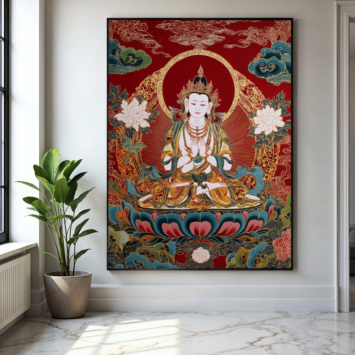 Meditative Buddha Canvas Wall Art, Asian Spiritual Decor, Red and Gold Lotus Painting, Zen Home Decoration, Gift Art, Home Decor, Print