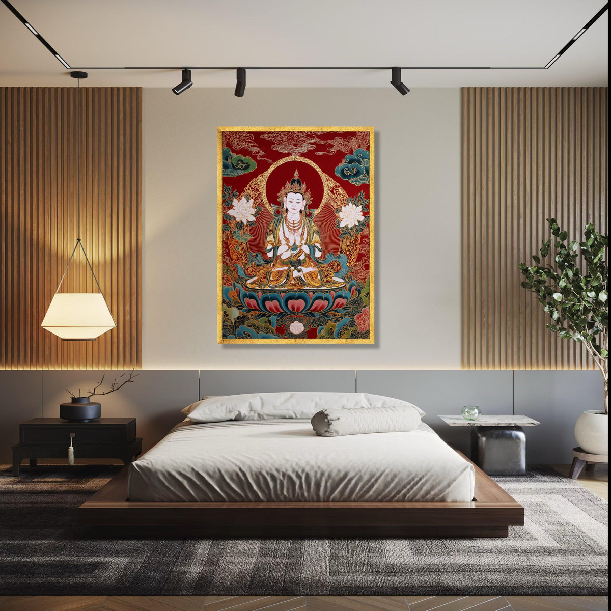 Meditative Buddha Canvas Wall Art, Asian Spiritual Decor, Red and Gold Lotus Painting, Zen Home Decoration, Gift Art, Home Decor, Print