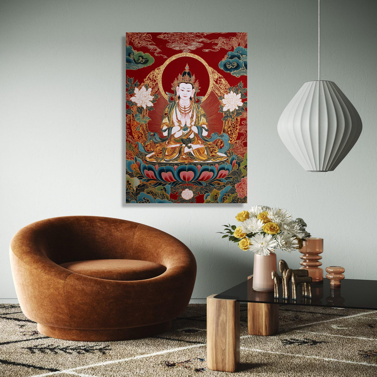 Meditative Buddha Canvas Wall Art, Asian Spiritual Decor, Red and Gold Lotus Painting, Zen Home Decoration, Gift Art, Home Decor, Print