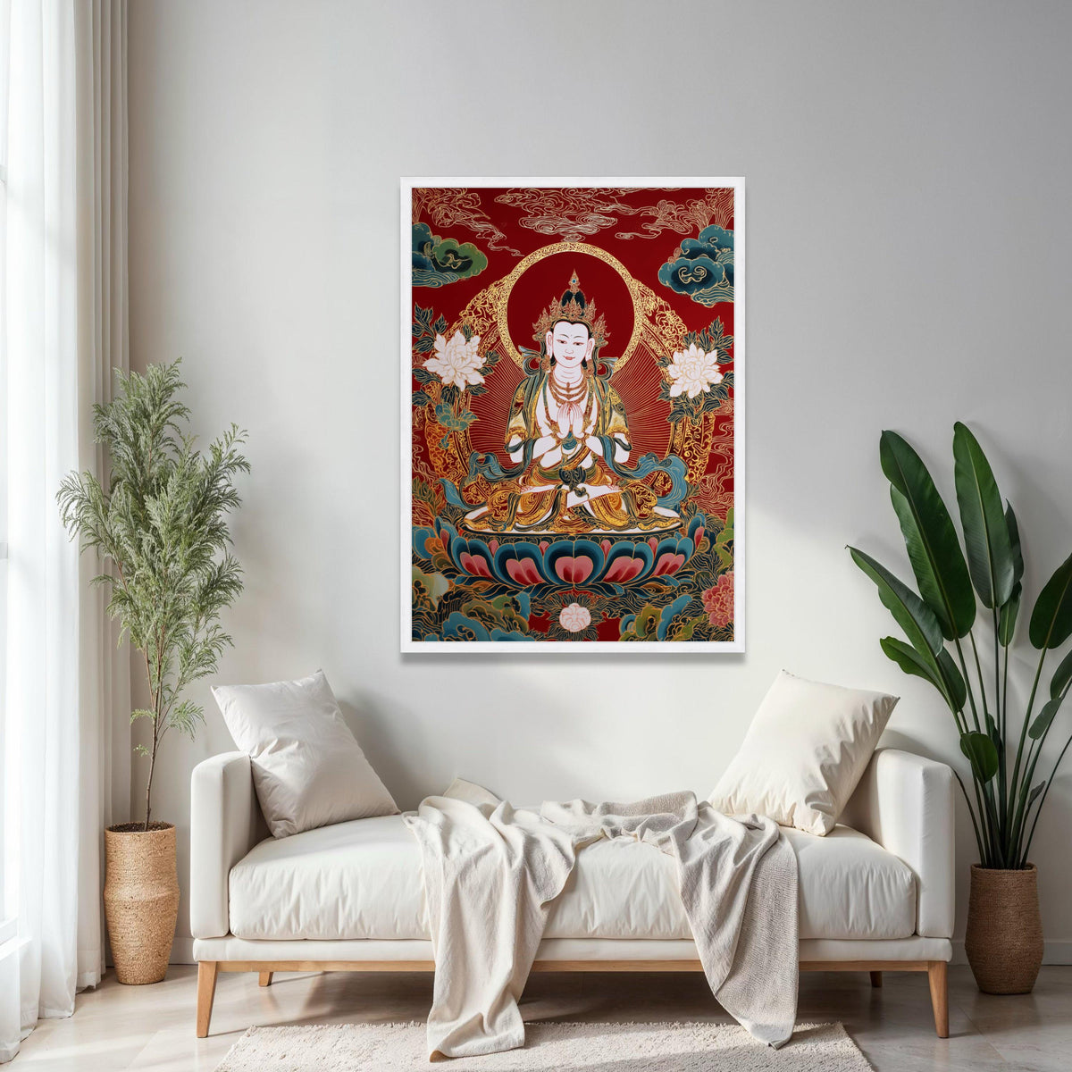 Meditative Buddha Canvas Wall Art, Asian Spiritual Decor, Red and Gold Lotus Painting, Zen Home Decoration, Gift Art, Home Decor, Print