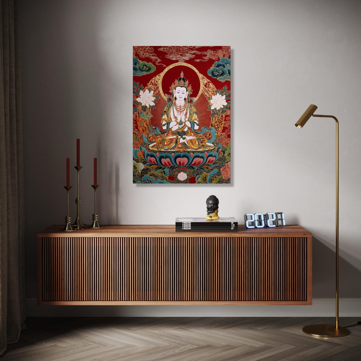 Meditative Buddha Canvas Wall Art, Asian Spiritual Decor, Red and Gold Lotus Painting, Zen Home Decoration, Gift Art, Home Decor, Print