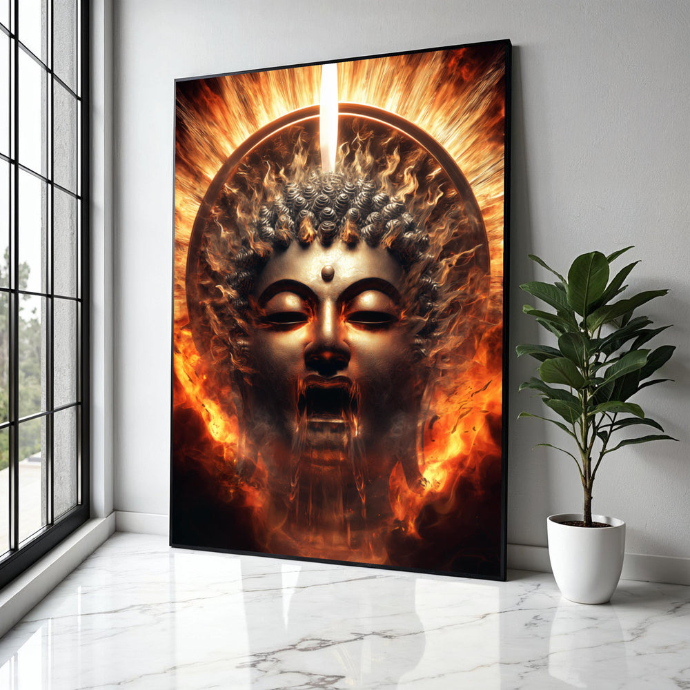 Fiery Buddha Face Canvas, Spiritual Wall Art, Enlightenment Flames Decoration, Mystical Meditation Canvas, Zen Gift Art, Home Decor, Print