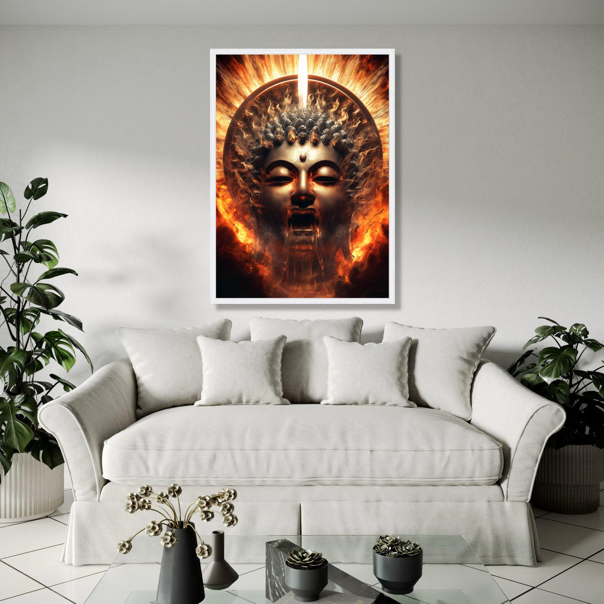 Fiery Buddha Face Canvas, Spiritual Wall Art, Enlightenment Flames Decoration, Mystical Meditation Canvas, Zen Gift Art, Home Decor, Print