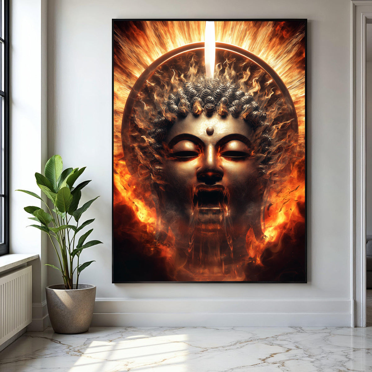 Fiery Buddha Face Canvas, Spiritual Wall Art, Enlightenment Flames Decoration, Mystical Meditation Canvas, Zen Gift Art, Home Decor, Print