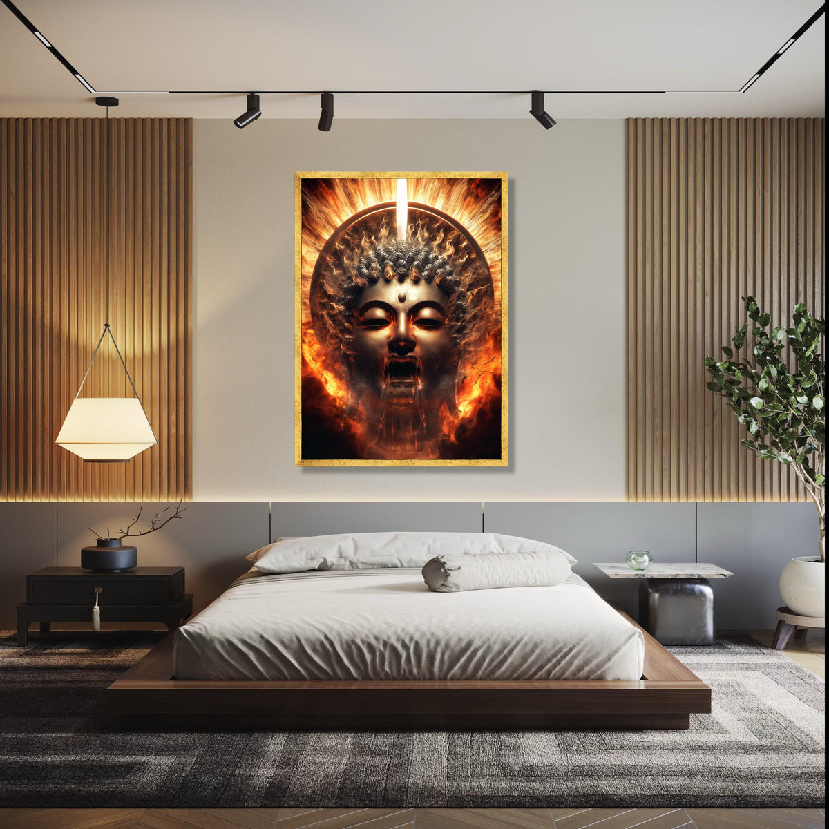 Fiery Buddha Face Canvas, Spiritual Wall Art, Enlightenment Flames Decoration, Mystical Meditation Canvas, Zen Gift Art, Home Decor, Print