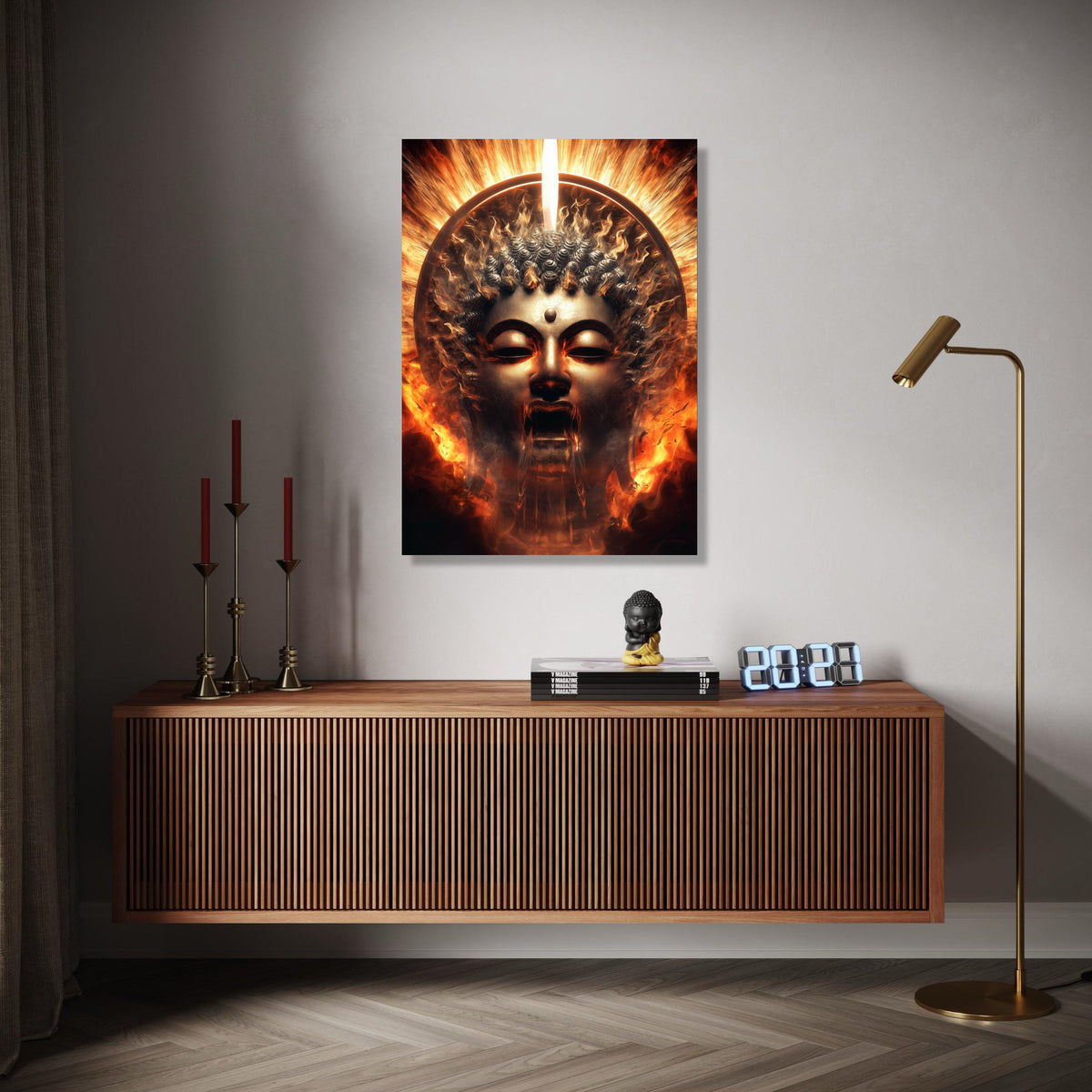 Fiery Buddha Face Canvas, Spiritual Wall Art, Enlightenment Flames Decoration, Mystical Meditation Canvas, Zen Gift Art, Home Decor, Print