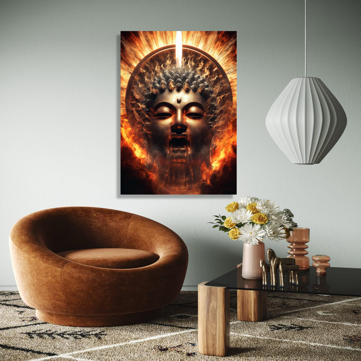 Fiery Buddha Face Canvas, Spiritual Wall Art, Enlightenment Flames Decoration, Mystical Meditation Canvas, Zen Gift Art, Home Decor, Print
