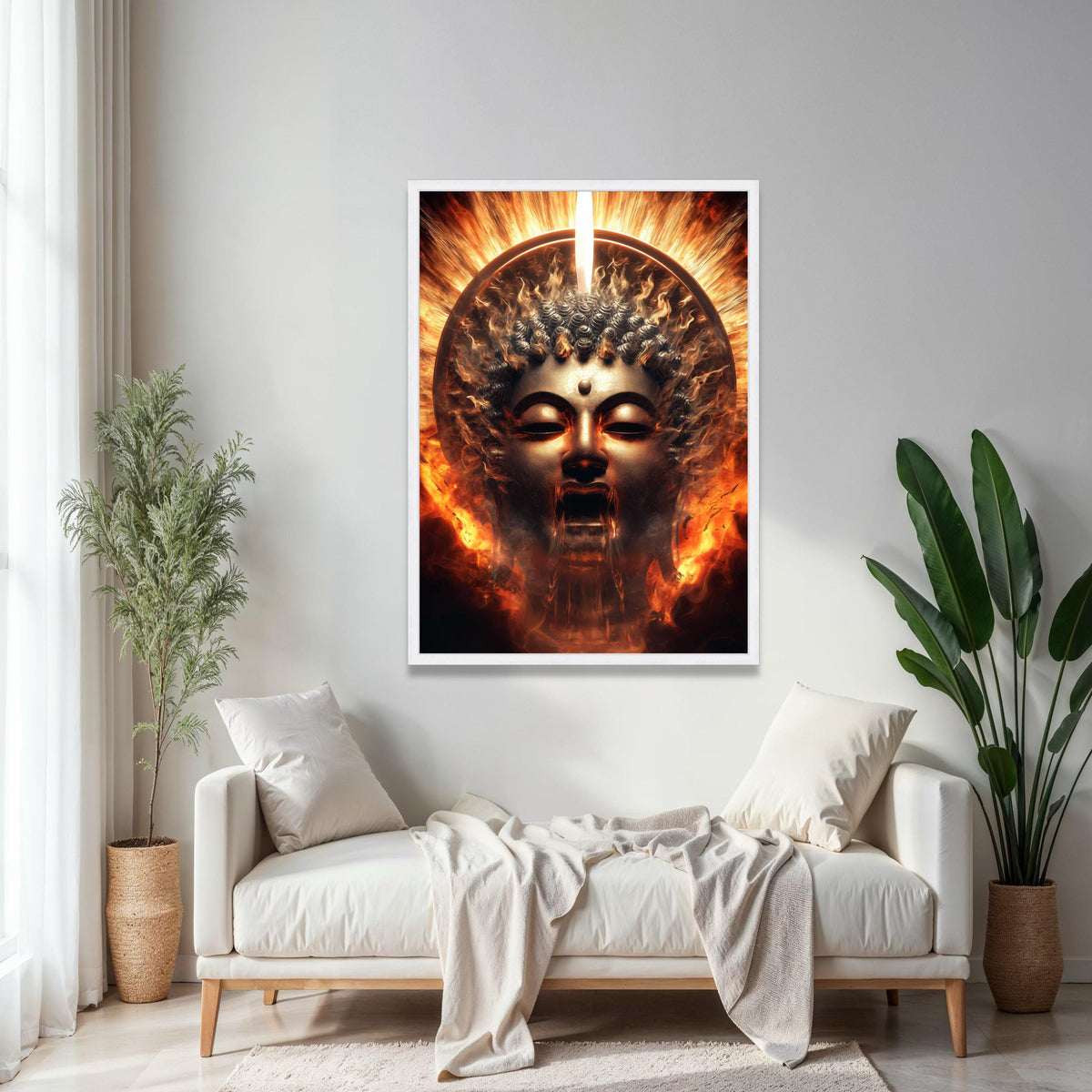Fiery Buddha Face Canvas, Spiritual Wall Art, Enlightenment Flames Decoration, Mystical Meditation Canvas, Zen Gift Art, Home Decor, Print