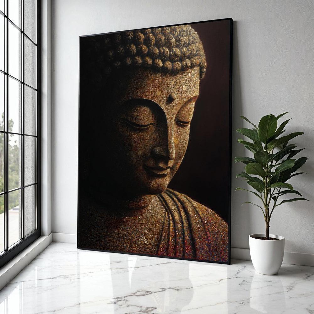 Meditative Buddha Portrait Canvas, Spiritual Wall Art, Mosaic Design, Zen Decor, Peaceful Home Decoration Gift Art, Home Decor, Print