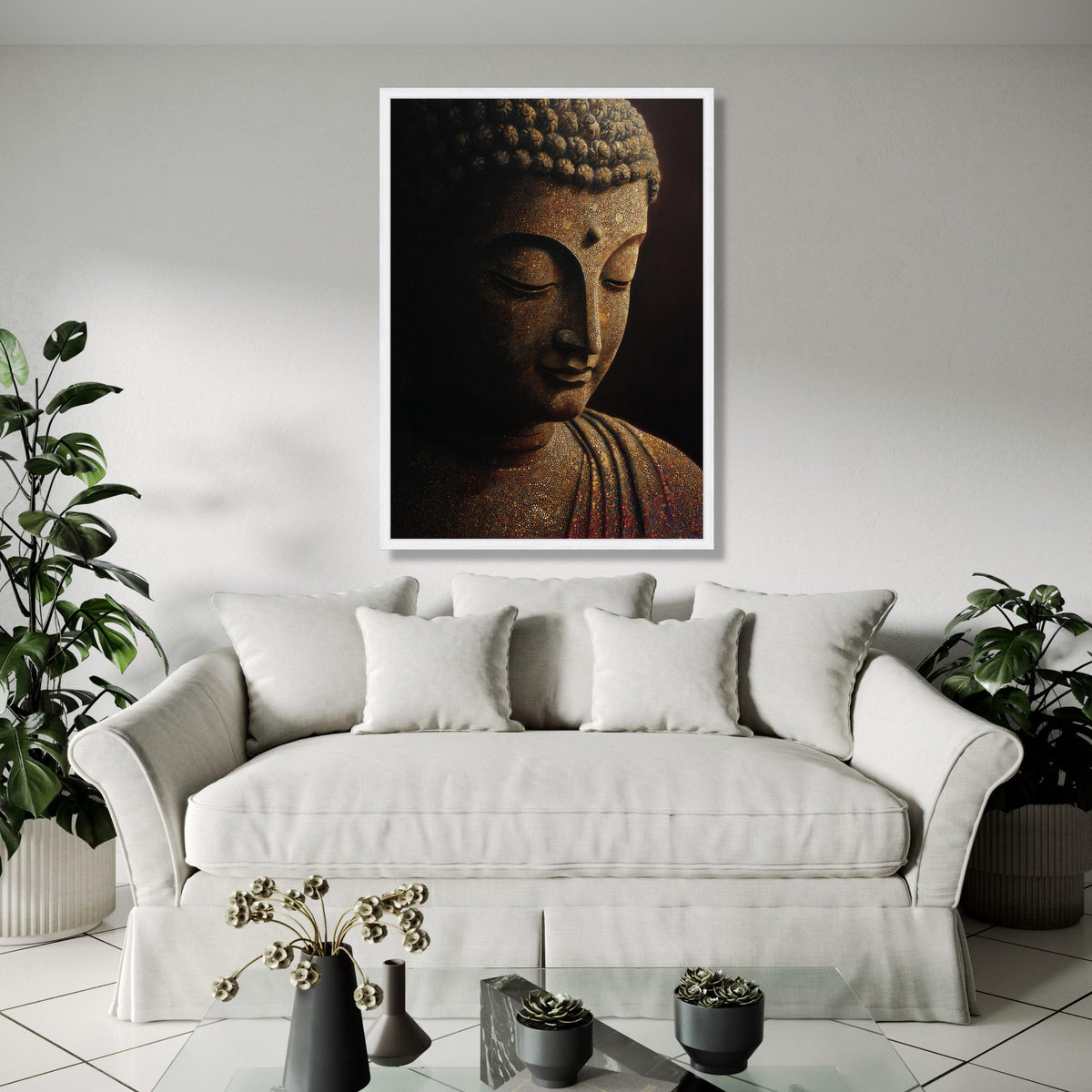 Meditative Buddha Portrait Canvas, Spiritual Wall Art, Mosaic Design, Zen Decor, Peaceful Home Decoration Gift Art, Home Decor, Print