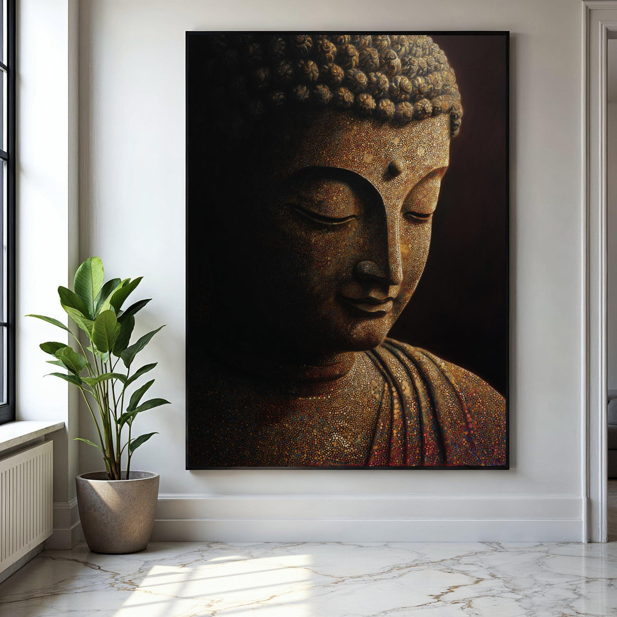 Meditative Buddha Portrait Canvas, Spiritual Wall Art, Mosaic Design, Zen Decor, Peaceful Home Decoration Gift Art, Home Decor, Print