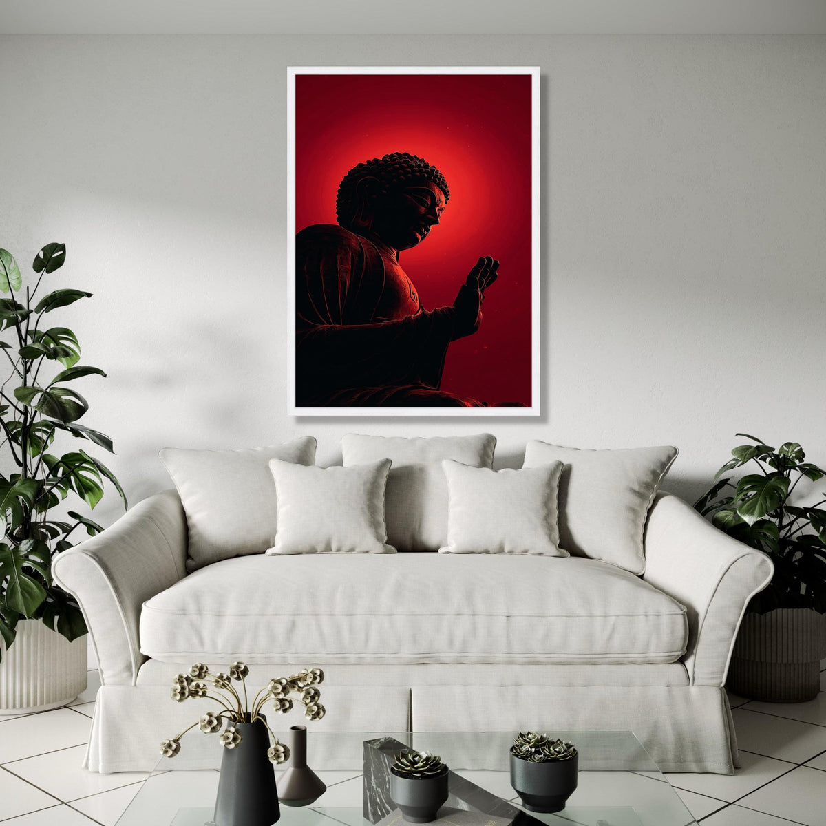 Meditative Buddha Silhouette Canvas, Red Glow Spiritual Wall Art, Zen Decor, Mindfulness Artwork, Modern Yoga Gift Art, Home Decor, Print