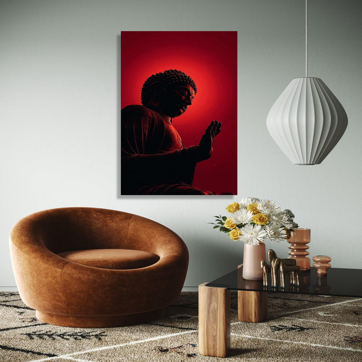 Meditative Buddha Silhouette Canvas, Red Glow Spiritual Wall Art, Zen Decor, Mindfulness Artwork, Modern Yoga Gift Art, Home Decor, Print