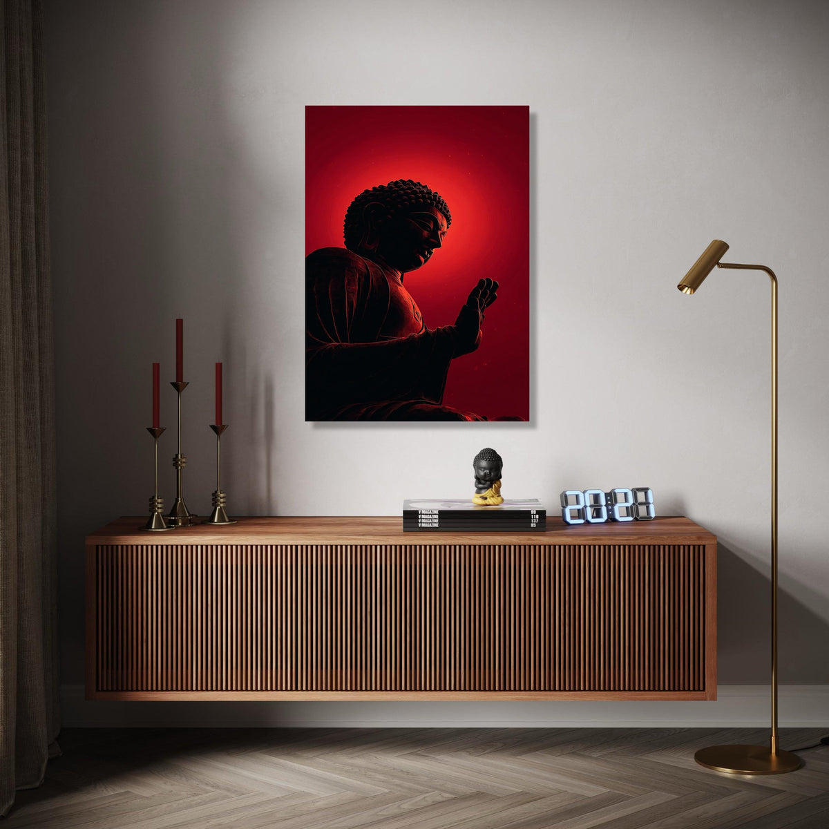 Meditative Buddha Silhouette Canvas, Red Glow Spiritual Wall Art, Zen Decor, Mindfulness Artwork, Modern Yoga Gift Art, Home Decor, Print