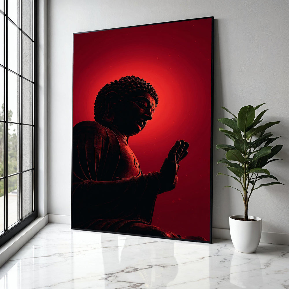 Meditative Buddha Silhouette Canvas, Red Glow Spiritual Wall Art, Zen Decor, Mindfulness Artwork, Modern Yoga Gift Art, Home Decor, Print