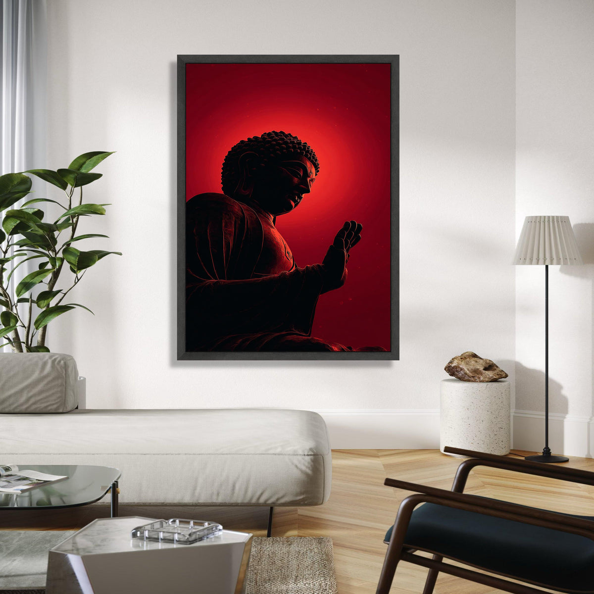Meditative Buddha Silhouette Canvas, Red Glow Spiritual Wall Art, Zen Decor, Mindfulness Artwork, Modern Yoga Gift Art, Home Decor, Print
