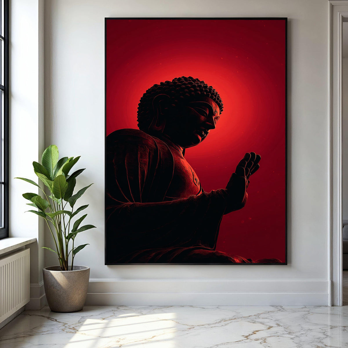 Meditative Buddha Silhouette Canvas, Red Glow Spiritual Wall Art, Zen Decor, Mindfulness Artwork, Modern Yoga Gift Art, Home Decor, Print