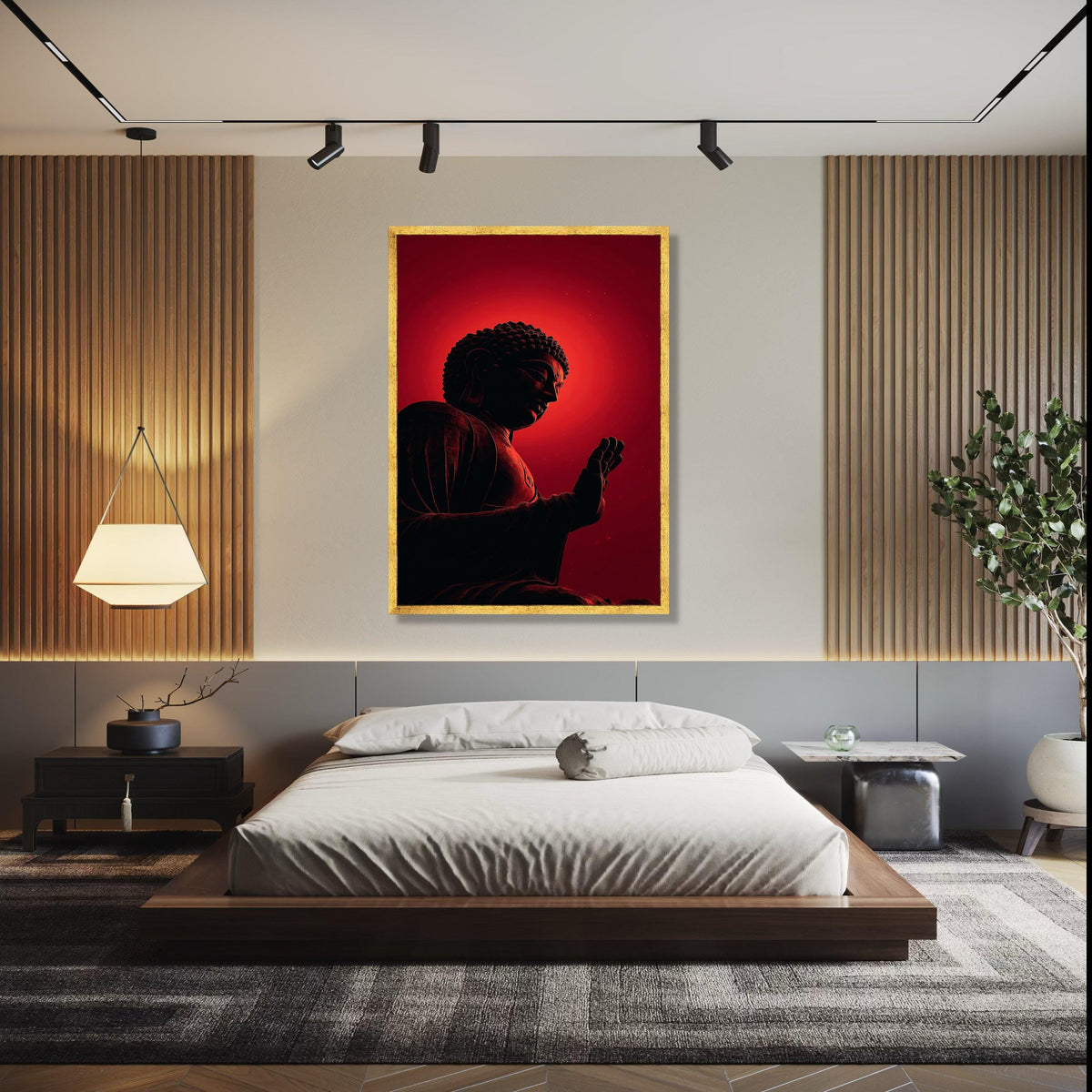 Meditative Buddha Silhouette Canvas, Red Glow Spiritual Wall Art, Zen Decor, Mindfulness Artwork, Modern Yoga Gift Art, Home Decor, Print