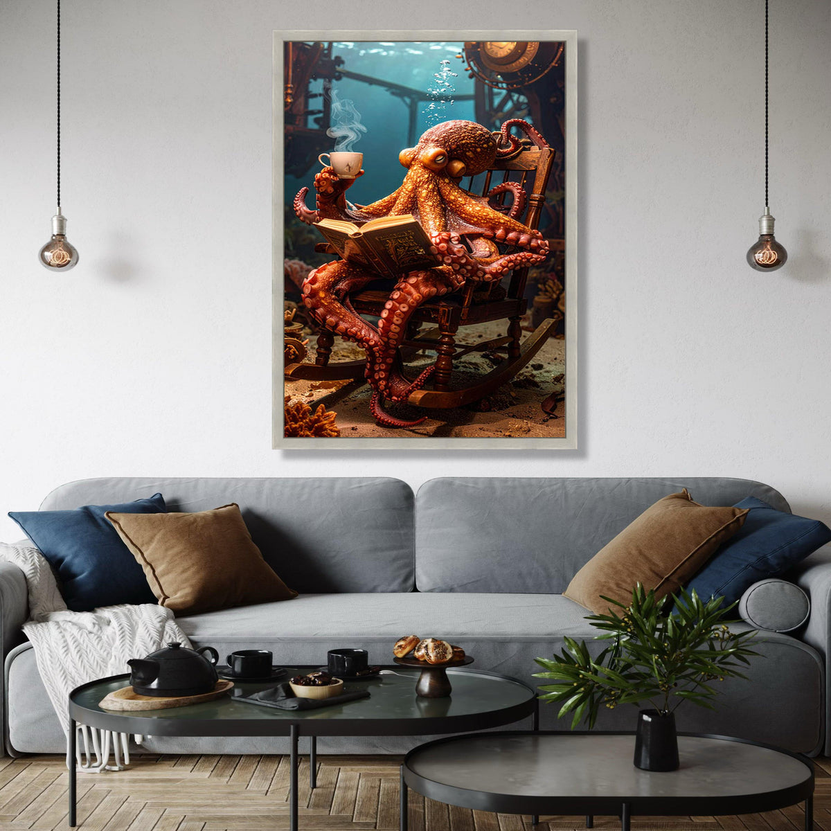 Whimsical Octopus Reading Canvas, Underwater Fantasy Wall Art, Marine Life Decor, Steampunk Submarine Scene, Gift Art, Home Decor, Print