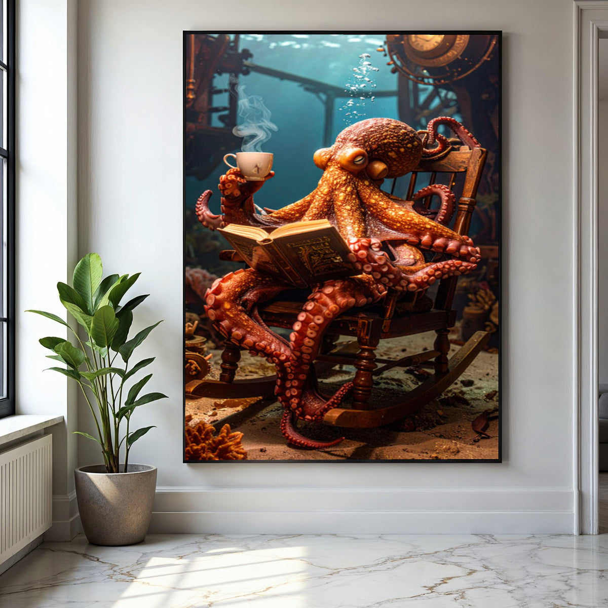 Whimsical Octopus Reading Canvas, Underwater Fantasy Wall Art, Marine Life Decor, Steampunk Submarine Scene, Gift Art, Home Decor, Print